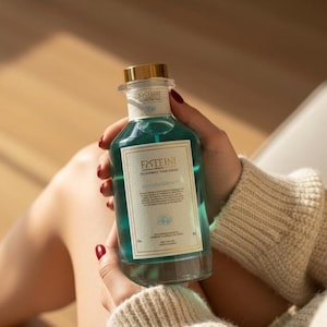 May include: A clear glass bottle filled with blue liquid, held by a person. The bottle has a gold cap and a white label with text. The label reads "FXTEINI" and "BLUMENWIS TERA ENI". The bottle is approximately 5 inches tall.