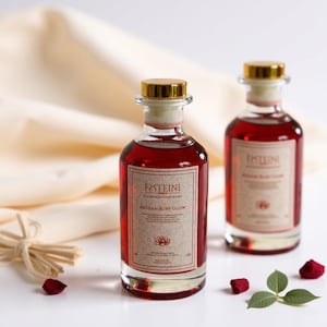 Può includere: Due bottiglie di vetro trasparente piene di un liquido rosso intenso, ciascuna con un tappo dorato. Le etichette riportano "FXTEINI" e "AEGEAN RUBY GLOW". Petali di rosa e un fascio di canne sono sparsi intorno alle bottiglie.