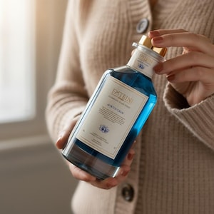 Puede incluir: Una botella de vidrio transparente llena de líquido azul, etiquetada como "MYRTOS CALM". La etiqueta tiene detalles dorados y una ilustración de una flor de loto. La botella tiene una tapa dorada.