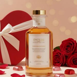 Può includere: Una bottiglia di vetro trasparente con tappo dorato ed etichetta bianca con testo e design a fiore di loto. La bottiglia è riempita con un liquido dorato e si trova accanto a una scatola regalo rossa a forma di cuore con fiocco bianco e rose rosse.