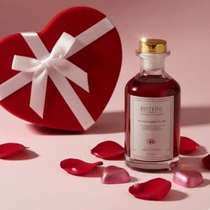 Könnte beinhalten: Eine rote herzförmige Geschenkbox mit weißem Band und eine Flasche rote Flüssigkeit mit goldenem Verschluss. Die Flasche trägt das Etikett "FOSTEINI". Rote Rosenblätter und herzförmige Pralinen sind verstreut.