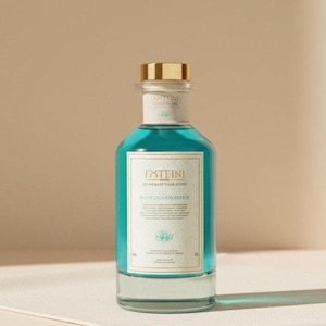 May include: A clear glass bottle with a gold cap and turquoise liquid. The label reads "FATEINI" and "BALOS LAGOON BREEZE". The bottle has a minimalist design and is set against a neutral background.