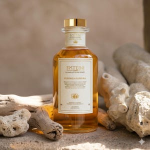 Op de afbeelding: Een heldere glazen fles gevuld met een gouden vloeistof, met een gouden dop en een wit etiket met gouden letters. Het etiket leest "FXTEINI" en "VOIDOKILIA EUPHORIA". De fles staat op een zanderige ondergrond met drijfhout en koraal.