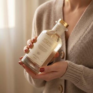 Puede incluir: Se sostiene una botella de vidrio transparente con tapa y etiqueta doradas. La etiqueta presenta el texto "FOTEINI" y "SALARIA RADIANCE". La botella contiene un líquido de color claro. La botella es sostenida por una persona que lleva una rebeca beige.