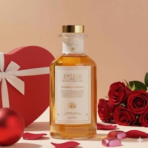 May include: A clear glass bottle with a gold cap and a white label featuring the text "EXTEINI" and "VODOKILLA EUPHORIA". The bottle is surrounded by a red heart-shaped box, red roses, and red rose petals.