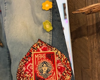 Upcycled Denim Capri Pants | Boho Festival Wear, Patchwork, Wearable Art L