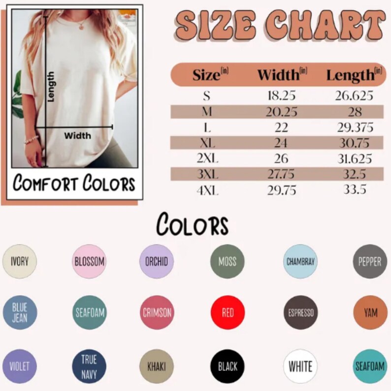 Może przedstawiać: Tabela rozmiar&oacute;w odzieży Comfort Colors, z wymiarami w calach dla szerokości i długości, od rozmiaru S do 4XL. Wyświetlona jest r&oacute;wnież paleta kolor&oacute;w z opcjami takimi jak Ivory, Black i Red.