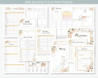 2025 ongedateerde afdrukbare plannerbundel | Dagelijks, wekelijks, maandelijks + doelsjablonen | Bewerkbaar canvas | Minimalistische bloemen pdf