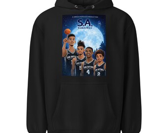 May include: Black hoodie featuring a basketball-themed graphic. The graphic includes the text "S.A. BASKETBALL" and an illustration of four basketball players. The hoodie has a front pocket and a hood with drawstrings.