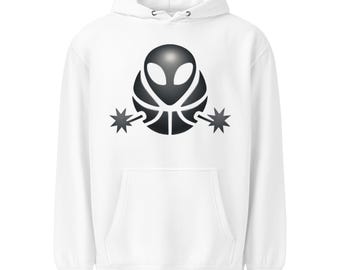 May include: White hooded sweatshirt with a black graphic of an alien head integrated with a basketball design, flanked by two starburst shapes. The sweatshirt has a front pocket and a drawstring hood.