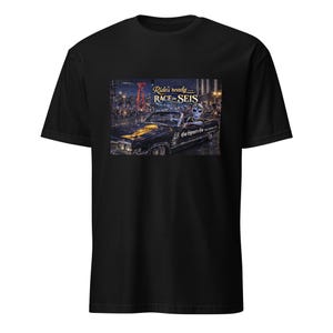 May include: Black t-shirt featuring a graphic of a classic car with a person in the driver's seat. The image includes the text "Ride's ready... RACE for SEIS" and "Go Spurs Go". The car is black with gold accents.