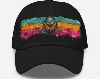 May include: Black baseball cap with a colorful abstract design. The design features a black emblem over a horizontal brushstroke of teal, orange, and pink. The cap has a curved brim and a button on top.