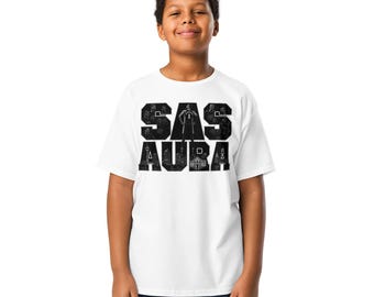 Youth San Antonio Basketball Aura Shirt, Kids Black and White Skyline Collage Tee, Alien Hoops Shirt
