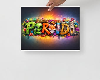 May include: A colorful poster with the word "POR VIDA" in a graffiti style. The letters are decorated with an alien, a fox, flowers, and a castle. The background is a gradient of rainbow colors.
