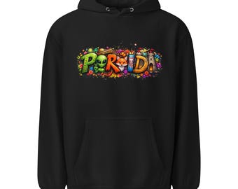 May include: Black hoodie with a colorful graphic that reads "PORIDA". The graphic features an alien, a fox, and other whimsical elements. The hoodie has a drawstring hood and a front pocket.
