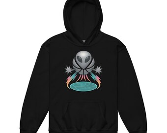 May include: Black hooded sweatshirt with a front graphic of a basketball with an alien face, starbursts, and a basketball court design. The graphic has a silver, blue, pink, and orange color scheme. The sweatshirt has a front pocket.