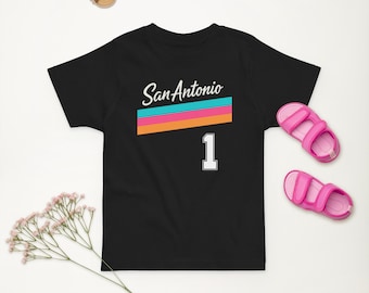 San Antonio Toddler Basketball Shirt, Fiesta Color Kids Tee, Custom Name and Number 1 Back