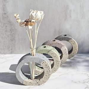 Puede incluir: Una colección de jarrones decorativos de hormigón en varios colores, cada uno con un diseño circular y un pequeño tubo de vidrio para sostener flores. Los jarrones están dispuestos en fila, mostrando sus texturas y tonos únicos. El arreglo incluye flores secas.