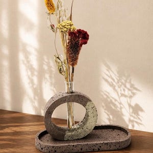 Jarrón pequeño con forma de anillo de piedra volcánica, soporte escultural para difusor de cerámica espumada y florero.
