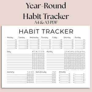 May include: A white habit tracker with the text "Year-Round Habit Tracker" and "Habit Tracker" in a black, bold font. The tracker includes sections for daily, weekly, monthly, quarterly, semi-annually, and annual habits.