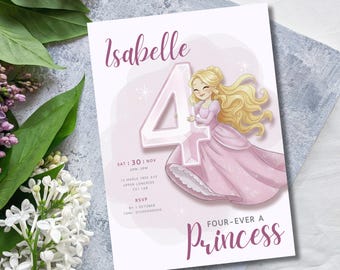 Princess 4th Birthday Invitation | Four Ever a Princess Invite | Editable Template