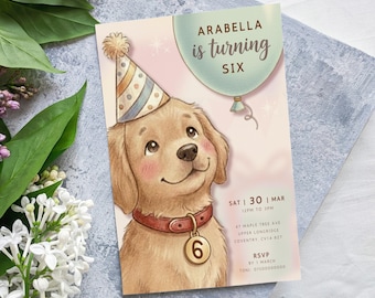 May include: A birthday invitation with a cartoon illustration of a golden retriever wearing a party hat and a red collar with a gold number 6 charm. The invitation text reads "Arabella is turning six".