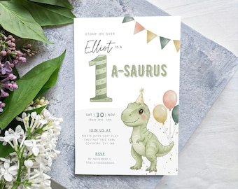 May include: A birthday invitation with a dinosaur theme. The invitation features a cartoon dinosaur wearing a party hat, balloons, and the text "Elliot is a A-SAURUS". The invitation includes the date, time, and location of the party.