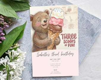 Invitación de cumpleaños "Tres bolas de diversión" / Invitación de cumpleaños de helado (3.er cumpleaños) / Plantilla editable