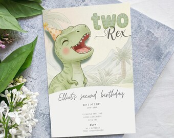 Dinosaurier Geburtstagseinladung | Bearbeitbare druckbare Vorlage | Zwei Rex-Thema