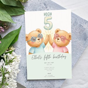 High Five Fifth Birthday Invitation | Teddy Bear 5th Birthday Invite | Editable Template