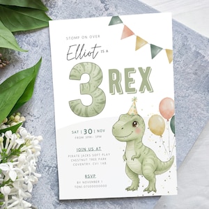Invitación para el tercer cumpleaños de dinosaurio / Plantilla editable 3-Rex