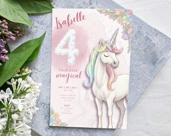 Invitación de unicornio para 4.º cumpleaños / Invitación mágica y caprichosa para cuatro personas / Plantilla editable para niños de 4 años