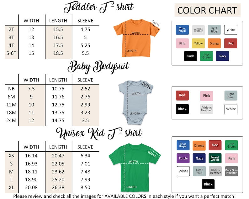 The image is a color chart for children's clothing, including a toddler T-shirt and a baby bodysuit. The chart provides measurements and color options for each size, such as 2T, 3T, and 4T, as well as different styles like 2B, 3B, and 4B. The chart also includes a color chart for unisex kid T-shirts, which shows various color options for each size and style. The chart is designed to help customers find the perfect match for their child's size and style preferences.