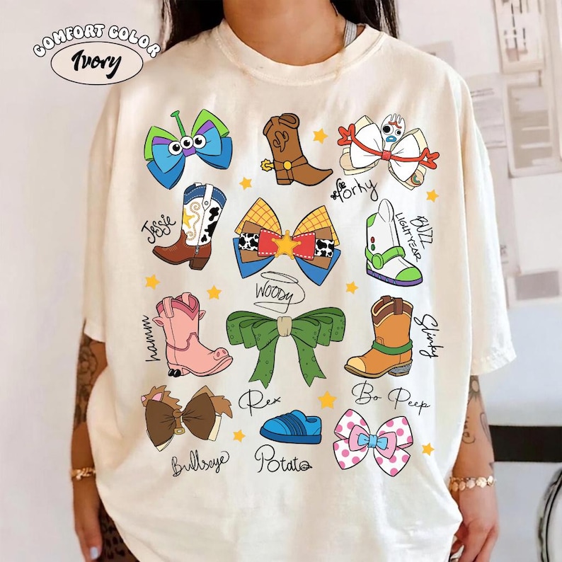 Disney Toy Story Bow and Shoe Comfort Colors Tee, Pixar Toy Story 5 Inspired Coquette Bows Shirt, You've Got A Friends In Me Tee, Disney Tee image 1