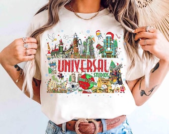 Camiseta navideña vintage retro de Universal Studios, camiseta a juego para viaje navideño a Universal Studios Hollywood, vacaciones navideñas en Universal