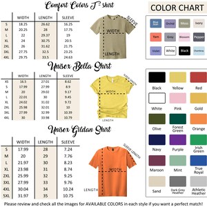 a color chart and size charts for various t-shirt styles, including a comfortable colors t-shirt, a unisex Bella shirt, and a unisex gildan shirt. The charts provide measurements and color options for each style, allowing customers to choose the perfect match for their preferences.