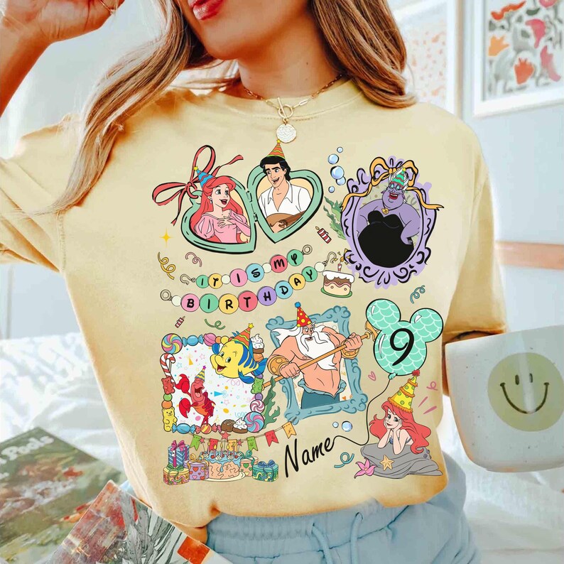 Camiseta Coquette Bow de La Sirenita para cumpleaños, colores cómodos, camiseta de cumpleaños de Pixar personalizada con nombre y edad, regalo de cumpleaños de Ariel, Úrsula y Flounder imagen 5