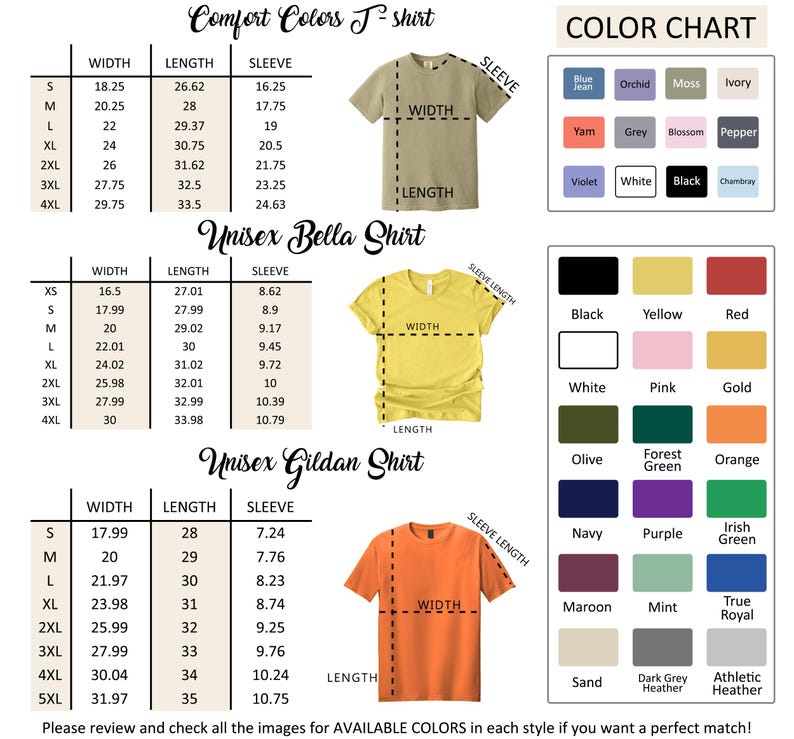 a color chart and size charts for various t-shirt styles, including a comfortable colors t-shirt, a unisex Bella shirt, and a unisex gildan shirt. The charts provide measurements and color options for each style, allowing customers to choose the perfect match for their preferences.