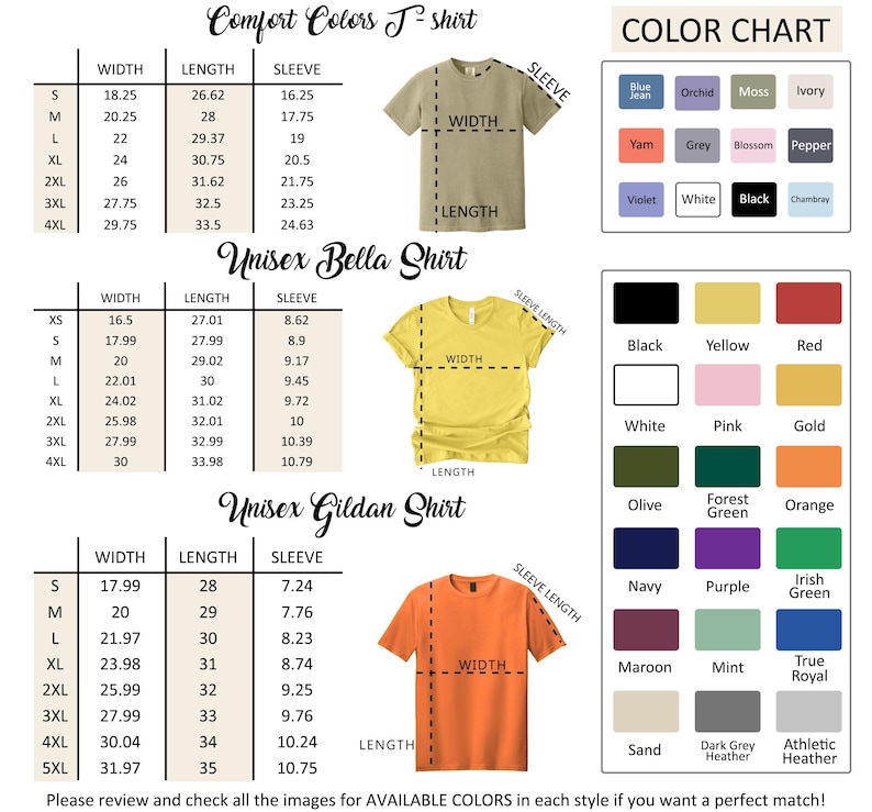 a color chart and size charts for various t-shirt styles, including a comfortable colors t-shirt, a unisex Bella shirt, and a unisex gildan shirt. The charts provide measurements and color options for each style, allowing customers to choose the perfect match for their preferences.