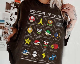 Vintage Nintendo Super Mario Kart Weapons Of Choice Item Poster T-Shirt Universal Studios Hollywood Trip , Mario Full Icon Tee