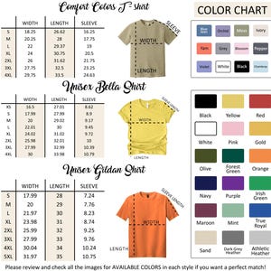 a color chart and size charts for various t-shirt styles, including a comfortable colors t-shirt, a unisex Bella shirt, and a unisex gildan shirt. The charts provide measurements and color options for each style, allowing customers to choose the perfect match for their preferences.