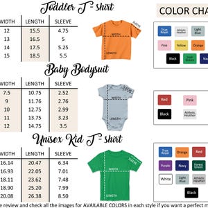 The image is a color chart for children's clothing, including a toddler T-shirt and a baby bodysuit. The chart provides measurements and color options for each size, such as 2T, 3T, and 4T, as well as different styles like 2B, 3B, and 4B. The chart also includes a color chart for unisex kid T-shirts, which shows various color options for each size and style. The chart is designed to help customers find the perfect match for their child's size and style preferences.