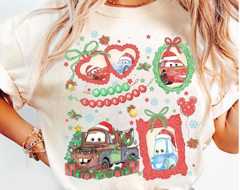 Retro Coquette Bows Disney Cars Christmas T-shirt, McQueen Mater Doc Hudson Sally Carrera Holiday Radiator Springs Cars Land Disney World