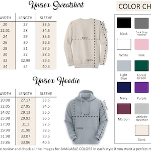 The image is a color chart for a unisex sweatshirt, providing measurements and color options for different styles. The chart includes a table with widths and corresponding sleeve lengths, as well as a list of available colors for each style.