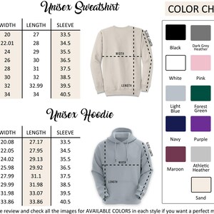 The image is a color chart for a unisex sweatshirt, providing measurements and color options for different styles. The chart includes a table with widths and corresponding sleeve lengths, as well as a list of available colors for each style.