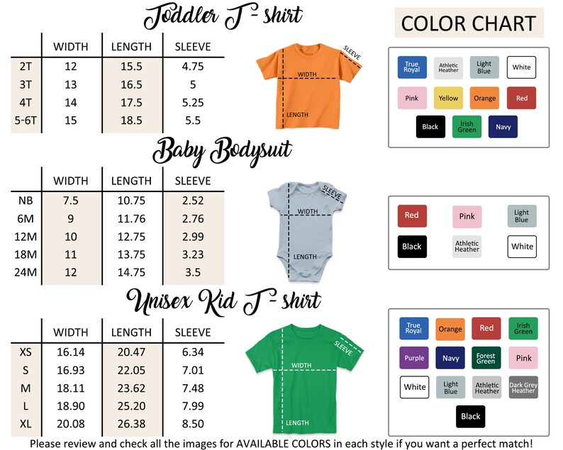 The image is a color chart for children's clothing, including a toddler T-shirt and a baby bodysuit. The chart provides measurements and color options for each size, such as 2T, 3T, and 4T, as well as different styles like 2B, 3B, and 4B. The chart also includes a color chart for unisex kid T-shirts, which shows various color options for each size and style. The chart is designed to help customers find the perfect match for their child's size and style preferences.