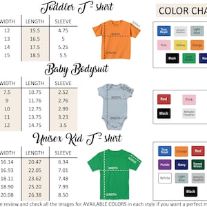The image is a color chart for children's clothing, including a toddler T-shirt and a baby bodysuit. The chart provides measurements and color options for each size, such as 2T, 3T, and 4T, as well as different styles like 2B, 3B, and 4B. The chart also includes a color chart for unisex kid T-shirts, which shows various color options for each size and style. The chart is designed to help customers find the perfect match for their child's size and style preferences.