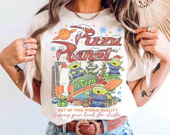Vintage Pizza Planet Toy Story Aliens Christmas Shirt , Cute Green Alien Space Xmas Disney World Trip Disneyland Vacation Christmas Tee