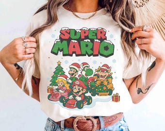 Camiseta navideña de Super Mario con colores cómodos, camiseta familiar de Mario, camiseta a juego de Super Mario, camisetas de Mario y sus amigos, camiseta de fiesta de cumpleaños de Super Mario