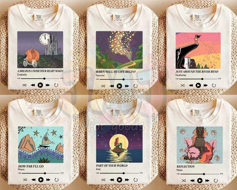 May include: Six off-white t-shirts featuring rectangular graphic prints of animated scenes with song titles, character names, and music player interface icons. Each shirt displays a unique illustration, including a pumpkin carriage, floating lanterns, a cliffside figure, a boat, a mermaid on a rock, and a warrior figure.